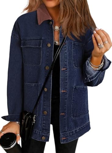 Dokotoo Denim Jacket For Women Long Sleeve Button Down Oversized Jean Jacket Denim Shirt Fall Clothes Winter Coats For Women Barn Jackets Shacket Coat With Pockets Dirty blue 2XL - Image 1