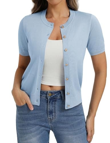 Blue Cardigan Sweater Short Sleeve Summer Cardigan Button Up Cardigan (Light Blue, M) - Image 1