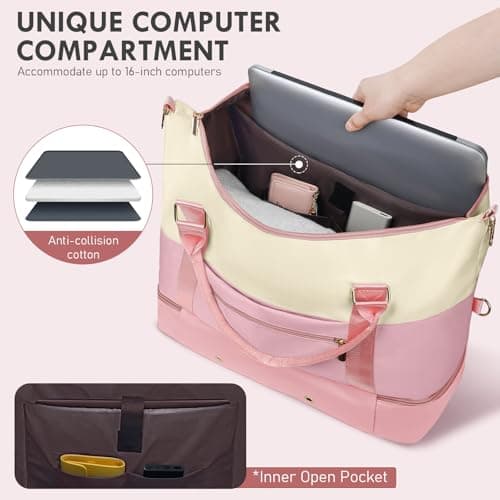 WOOMADA Weekender Bags for Women, Carry On Overnight Bag with Toiletry Bag, Personal Item Travel Duffel for Travel, Sports, Hospital(Beige&Pink) - Thumbnail 3