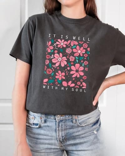 MiraElley Christian Shirts Women It is Well with My Soul Shirt Vintage Bible Verse Boho Wildflowers Floral Graphic Tees Grey - Thumbnail 2