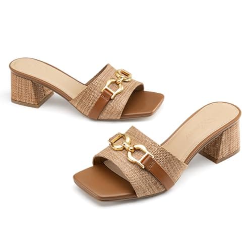 Athlefit Mules Chunky Heels for Women Brown Raffia Slip On Heeled Sandals Square Open Toe 2 Inch Low Block Heels for Summer Dressy - Thumbnail 5
