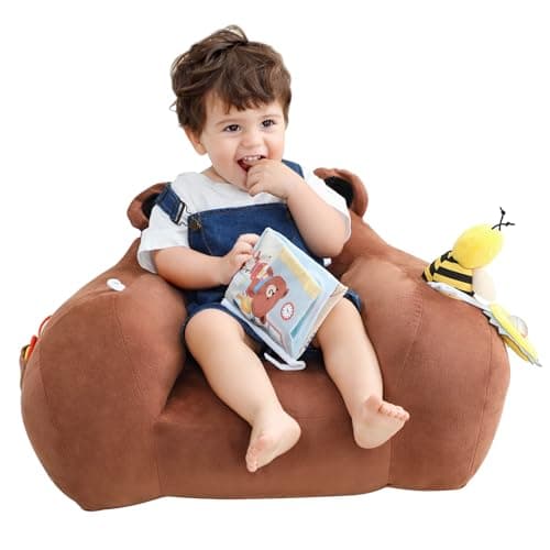 Lovvie & Joy Toddler Sofa Chair, Soft Toddler Kids Chair with Learning Toy Phone,Cloth Book and Rattle Toy,Toddler Chair Couch for Boys and Girls Ages 1+ Years Bear - Image 1