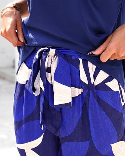 PRETTYGARDEN Women Summer 2 Piece Outfits 2026 Short Sleeve Knit Top Floral Print Belted Wide Leg Pant Sets With Pockets(Dark Blue Floral,Medium) - Thumbnail 4