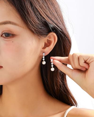 Pearl Earrings for Women, Trendy Silver Diamond Pearl Drop Earrings Bridal Shower Gifts Wedding Gifts for Women - Thumbnail 2