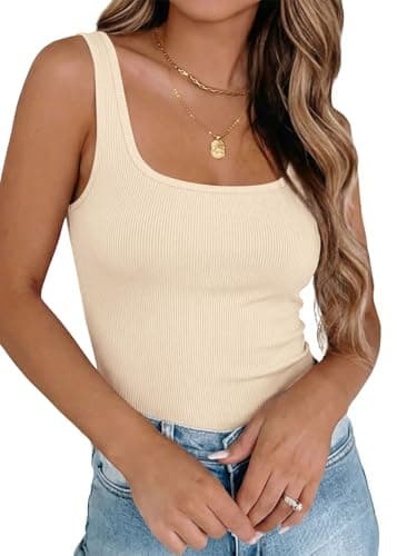 KIRUNDO Tank Tops for Women 2026 Casual Square Neck Summer Outfits Ribbed Fitted Camisole Shirts Sleeveless Workout Clothes(Beige, X-Small) - Image 1