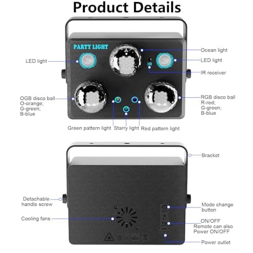 Disco Ball Party Lights,Pro 6 in 1 Disco Lights Sound Activated Dj Strobe with RGB&OGB Disco Balls,Laser Light Show,Ocean Lamp,Star Projector,2 RGB LEDs-Perfect for Disco Glow Party Rave Dance - Thumbnail 6