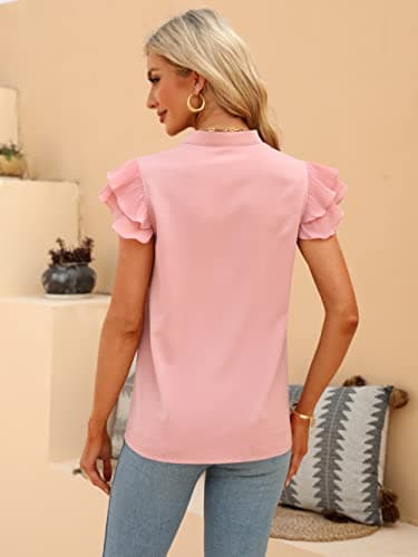 Sucolan Womens Cute Summer Tops Notch V Neck Cute Ruffle Sleeve Blouses Pink Shirts for Women Business Casual L - Thumbnail 6