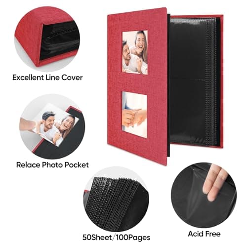 MSTONAL Photo Album 4x6 200 Pockets for Wedding Gifts, Linen Hardcover Memory Book with Front Window for Family Anniversary School Baby Travel Pictures Holds 200 Horizontal Photos, Red - Thumbnail 3