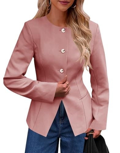 Cicy Bell Womens Business Casual Fitted Blazers Collarless Split Hem Work Office Button Down Suit Jackets Pink - Image 1