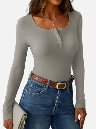 GKBK Long Sleeve Shirts Basic Tees Tshirts for Women Ribbed Fitted Tight Henley Shirts Dressy Casual Cute Spring Fall Tops 2025 Trendy Outfits Clothes Grey XXL - Thumbnail 3
