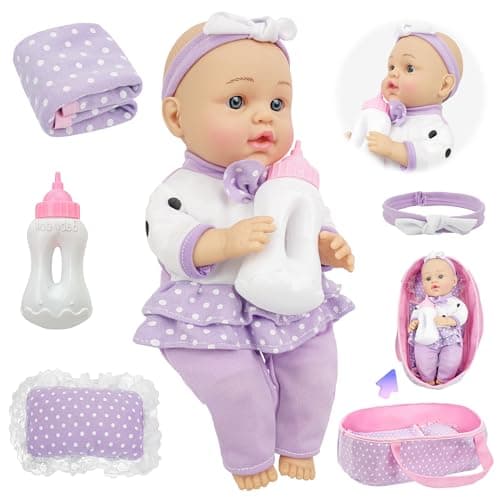 SMILESSKIDDO Baby Doll with Accessories, 12" Dolls Playset with Washable Carrier Bassinet Bed, Bottle, Blanket, and Pillow, Soft Body Baby Dolls for 2+ Year Old Girls