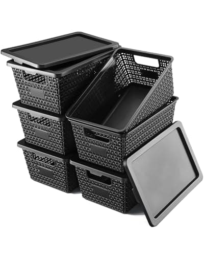 NUMIFUN Storage Bins with Lids, Set of 6, Stackable Woven Design, Black Plastic Containers with Easy Pull Handles, Interlocking Rim, Stackable Storage Boxes with Lids for Pantry, Closet - Image 1