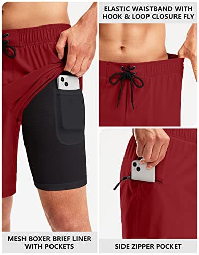 Pinkbomb Men's Swim Trunks with Compression Liner 9 Inch Quick Dry Swimsuit Swimming Swim Board Shorts for Men with Pockets (Red, XL) - Thumbnail 4
