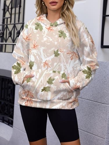 Bellcoco Womens Camo Hoodies Maple Leaf Print Fleece Sweatshirt Long Sleeve Pullover Tops Hooded Fall Winter Clothes Golden XL - Thumbnail 2