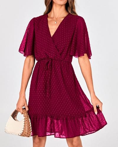 KIRUNDO Womens Summer Dresses 2026 Casual Spring Short Sleeve V Neck Ruffle Swiss Dot High Waist Belted Flowy Mini Dress, Style2-wine Red, Medium - Thumbnail 3