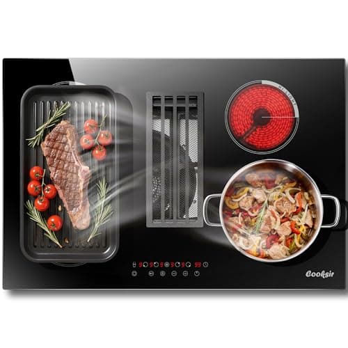 Cooksir 30 Inch Electric Cooktop with Ductless Downdraft - 4 Burner Built-in Stove 7400W, 30" Electric Stove Downdraft Range Hood 135W, Timer, Safety Lock, 220V Hard Wired, Recirculating Air Vent