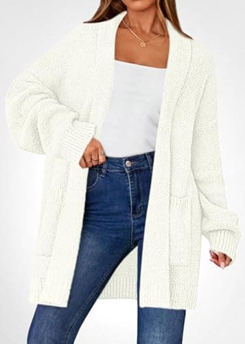 KIRUNDO Cardigan Sweaters for Women 2026 Fall Chunky Fuzzy Knit Open Front Loose Long Sleeve Sweater Coats Winter Clothing(White, X-Large) - Thumbnail 3