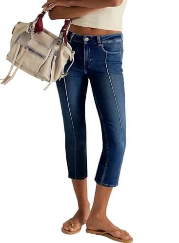 Sidefeel Women's Capri Jeans Mid Rise Stretchy Straight Leg Skinny Tummy Control Capri Pants Size 16 Dark Blue - Image 1