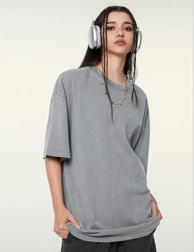 Yimoon 3 Pack Oversized Tshirts for Women Washed Vintage Baggy Boyfriend Tees Short Sleeve Unisex Cotton Tops(Greykhakibeige-M) - Thumbnail 5