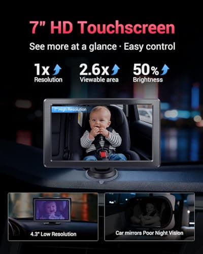 Faninso Baby Car Camera, 1296P HD Car Baby Monitor with 7" Touchscreen, CarPlay, No‑Glow Night Vision, 150° Wide Angle, Live Rear‑Seat View, Easy Installation, Alternative to Rear Facing Mirrors - Thumbnail 6