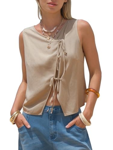 EXLURA Womens Linen Tank Tops Summer Trendy V Neck Vest Casual Tie Front Shirt Cute Spring Beach Vacation Outfits 2026 Khaki - Image 1
