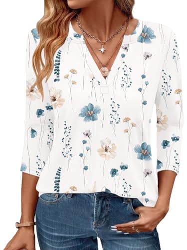 Womens Tops 3/4 Sleeve V Neck Spring Summer Work Tunic Shirts Business Dressy Casual Blouses White Floral - Image 1