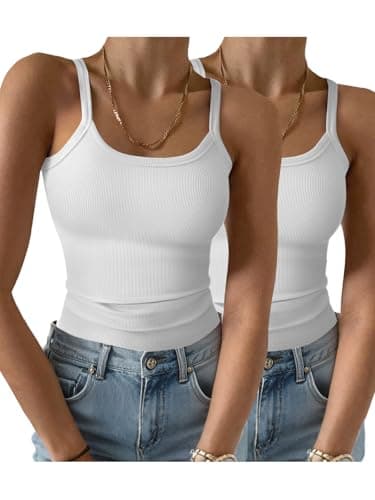 GKBK Two Pack Womens Sleeveless Tank Top Form Fitting Spaghetti Strap Scoop Neck Ribbed Knit Workout Basic Slim Fitted Crop Summer Blouses 2026 Cami Layering Casual Shirts White M - Image 1