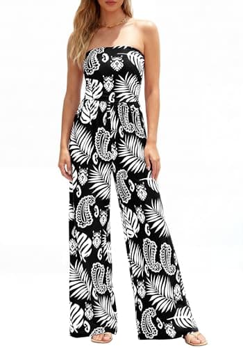 BTFBM Jumpsuits For Women Casual 2026 Floral Strapless Jumpsuit Wide Leg Rompers Beach Vacation Clothes Summer Outfits(Floral Black White, XX-Large) - Image 1