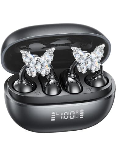 Kinglucky ClipFree A20 Open-Ear Earbuds with Butterfly Earrings, Secure & Comfort Fit, Premium Sound Clip-On Earbuds with Digital Display, 50H Playtime Bluetooth 5.4 Wireless Headphones Black