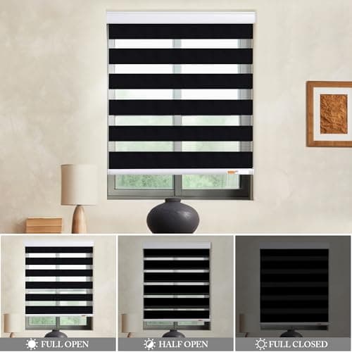 GHV Zebra Blinds for Windows Corded Blackout Dual Layer Privacy Shades Light Control for Day and Night Home Office (Black, 28 in (W) x 64 in (H)) - Thumbnail 4