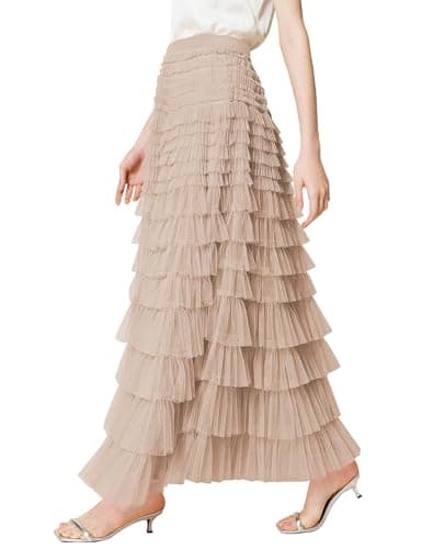 Women's Tulle Maxi Skirt High Waist Elastic Tiered Ruffle A-Line Flowy Party Wedding Guest Skirts Comfortable Daily Wear(Champagne-XL) - Image 1
