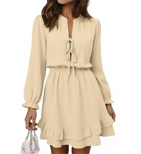 Angashion Women Tie Front Mini Dress: V Neck Long Sleeve Elastic Waistband Layer Ruffle Hem Dress with Pockets Apricot Large - Image 1