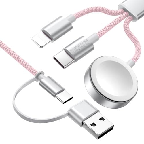 Wtinquik Travel Essentials, Multi Fast Charging Cable for iPhone Charger, 3 in 2 USB C Cable Cord Compatible with iWatch Ultra/SE/10-1/iPhone 17-11/Samsung S25-22, 4FT, Pink - Image 1