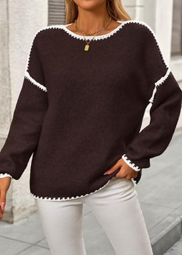 KIRUNDO Womens Sweaters 2026 Fall Oversized Long Sleeve Chunky Knit Crew Neck Contrast Stitching Pullover Winter Clothes(Brown, Medium) - Thumbnail 6