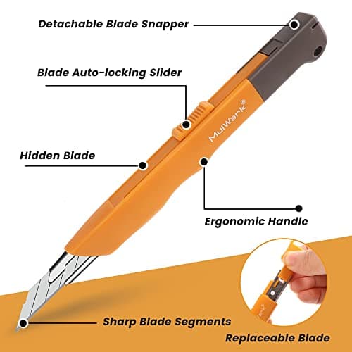 Mulwark 11PC Box Cutter Retractable Utility Knife Set - Heavy Duty Craft Knife with 10PC Sharp Snap-off 9MM 30 Degree Blades for Precision Cutting - Thumbnail 3