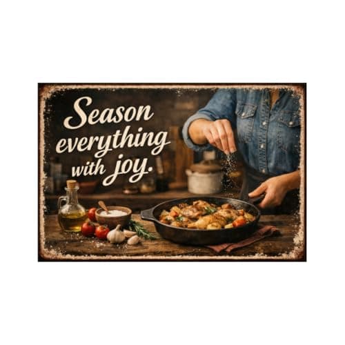 Season Everything With Joy Tin Sign Vintage Kitchen Wall Decor Rustic Cooking Quote Metal Poster Farmhouse Culinary Art 8x12 Inch Retro Food Lover Gift Home Restaurant Cafe Bar Wall Display - Image 1