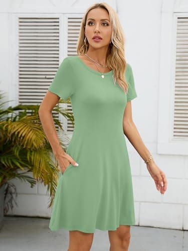 KORSIS Summer Dress for Women Mint Green XL Casual T-Shirt Short Sleeve Dresses Swing Flowy Beach Vacation Sundress with Pockets - Thumbnail 3