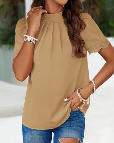 BTFBM Women's Dressy Casual Blouses Business Work Tops Lace Trim Short Sleeve Office Shirts 2025 Summer Spring Outfits(Light Khaki, Large) - Thumbnail 3