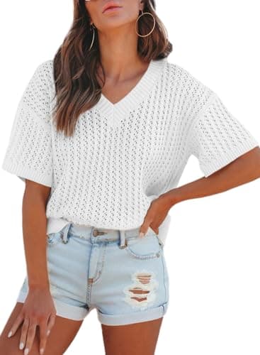 Dokotoo Womens Tops Dressy Casual Fashion 2025 Summer Comfy Short Sleeve Sexy V Neck Tunic Tops Blouses Solid Color Pullover Sweaters for Women Lightweight Baggy Hollow Out Tops White XL - Image 1