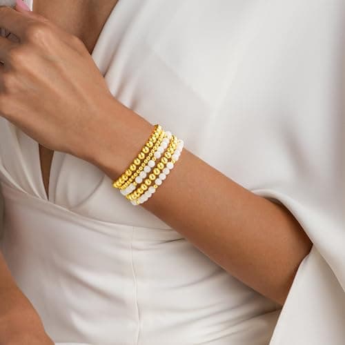 Turandoss Gold Beaded Bracelets Set for Women - 14K Gold Plated Dainty Round Bead Ball Bracelet for Women White Porcelain Bracelet Simplicity Stackable Bracelets Jewelry Gifts (5 PCS) - Thumbnail 2