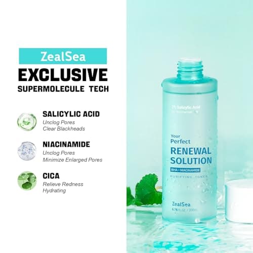 ZealSea Salicylic Acid Toner, Blackhead Remover, BHA Liquid Exfoliant (CICA, 6.76OZ), Pore Minimizer for Face, Gentle Alcohol Free BHA Toner for All Skin Type with Niacinamide, Redness Relief, Vegan - Thumbnail 5