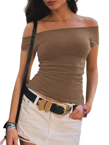 Imily Bela Womens Off The Shoulder Tops Short Sleeve Top Quick Dry T Shirts Trendy Y2k Going Out Crop Tops Slim Fit 2025 Brown - Image 1
