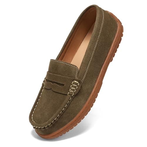 BEAUSEEN Women's Penny Loafers Slip-On - Lightweight Breathable Suede Driving Moccasins,Cute Business Casual Dress Shoes for Work & Travel Olive, 6 US - Image 1