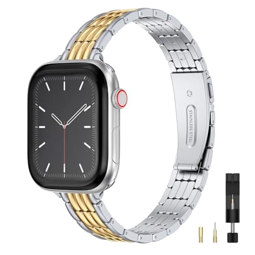 Wearlizer Slim Stainless Steel Band Compatible with Apple Watch Bands 44/45/46/49/42mm Women, Dressy Pretty Metal Strap Bracelet for iWatch Series 11 10 9 8 7 6 5 4 SE/Ultra 3 2 1 Silver/Gold - Image 1