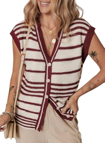 Dokotoo Womens Vest V Neck Cable Knit Vest for Women Short Sleeve Sweater Vest Knit Fashion Clothing Womens Sweaters Red Small - Image 1