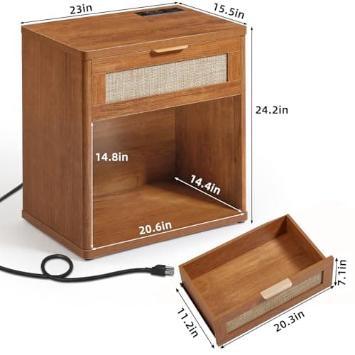 LEYAOYAO Rattan Nightstand with Charging Station, 23" Wide Boho Night Stand with Drawer, Natural Wood Bedside Table Open Storage Cabinet, Bed Side End Tables Dresser for Bedroom, Living Room, Hallway - Thumbnail 2