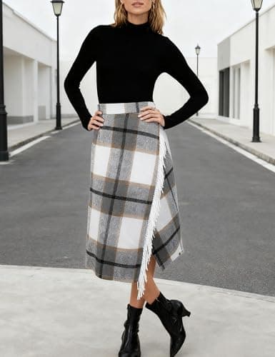 Tanming Womens Plaid Fringed Midi Skirt A Line Warm Wool Wrap Skirt Fall Winter Tartan Dress (LightGrey-XS) - Thumbnail 4