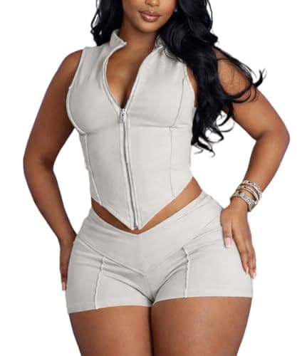 ABKY Sexy Club Outfits for Women Going Out Lapel Zip-Up Crop Tank Top and Skinny Shorts Sets Women 2 Piece Outfit White S