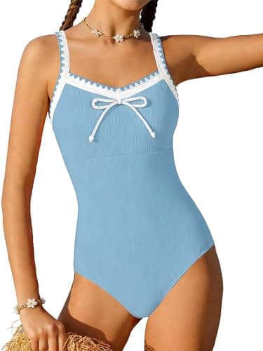 AMAWMW Girls Bathing Suit Swmsuits Contrasting Trims Adjustable Straps Swim Suit One Piece Swimwear for Girls 7-16 Years, Sky Blue, 7-8 Years - Image 1