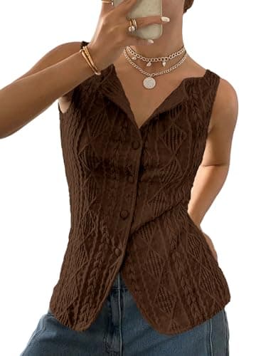 BLENCOT Womens Slim Fitted Knit Vest Sleeveless Button Down Vests Tops Stretch Textured Jacquard Going Out Tank Top Fashion 2026 Brown 2X-Large - Image 1
